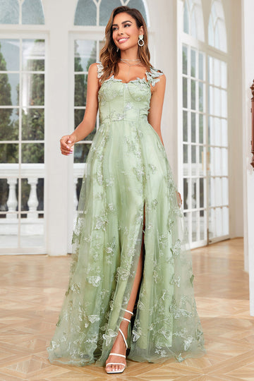Linea A verde corsetto lungo abito da ballo di tulle con applique